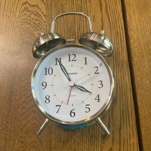 Sharp Brand Twin Bell Battery Powered Alarm Clock Silver